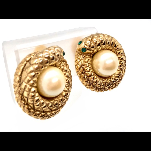 Rare Vintage Erwin Pearl Coiled Snake Earrings 🐍 - Picture 3 of 8